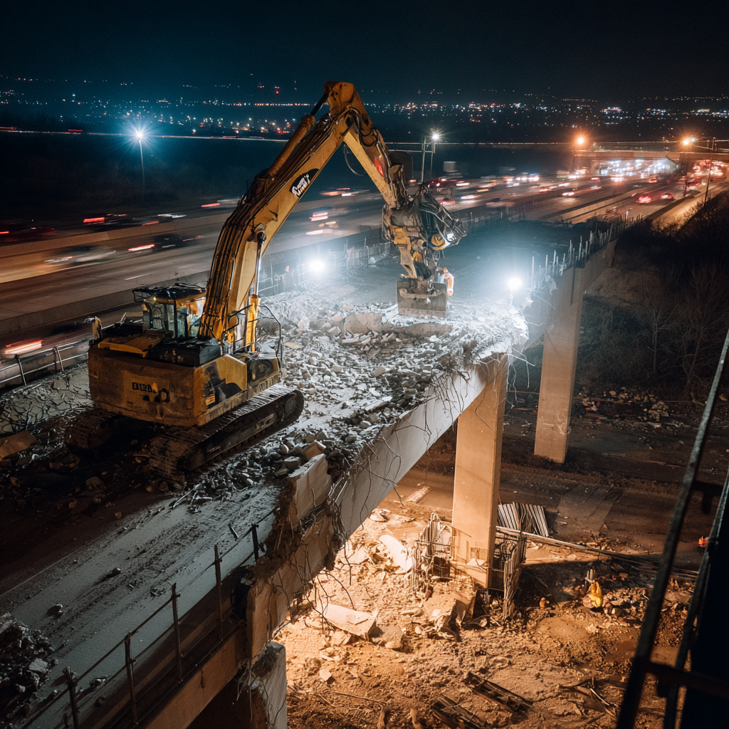Large-scale demolition contractor excavator breaking up a concrete highway bridge deck at night beside active traffic