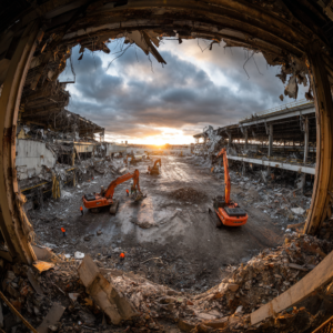 Large-scale demolition contractor excavators clearing a demolished industrial site