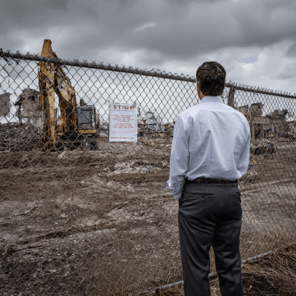 Developer looking through a fence at a stalled demolition site with a stop-work notice